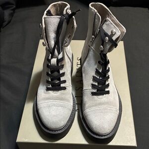 All Saints Light Gray Suede Combat Boots with Black Laces